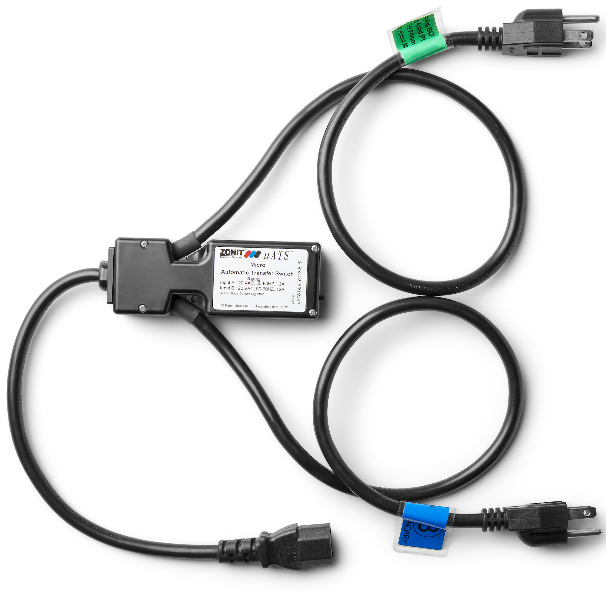 uATS LV - 2x 5-15 Input (2ft Cords) to 1x C13 Output (1ft Cord) - 120V (1-3 Phase)