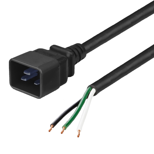 2FT IEC60320 C20 to OPEN 2in ROJ + 0.25in Strip 12awg-3c BL, WH, GR SJT Power Cord - BLACK