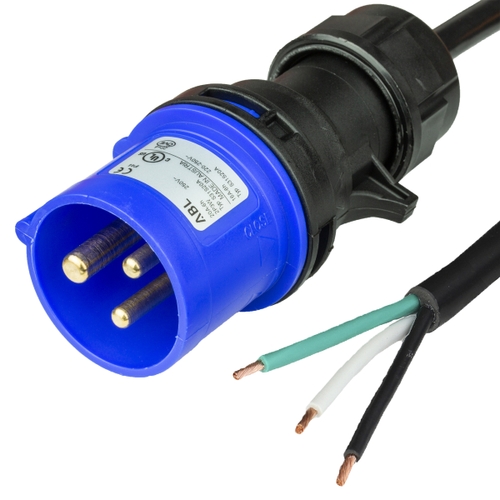 7FT (2.1m) IEC 60309 6H 2P+E BLUE PLUG to OPEN (2 in ROJ + 0.25 in Strip) 20A 250V UL CSA 12awg-3c (B/W/G) SJTOW 105c BLACK jacket Power Cord.