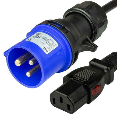 10FT (3m) IEC 60309 6H 2P+E Splashproof BLUE PLUG to C13 LOCKING 15A 250V BLACK