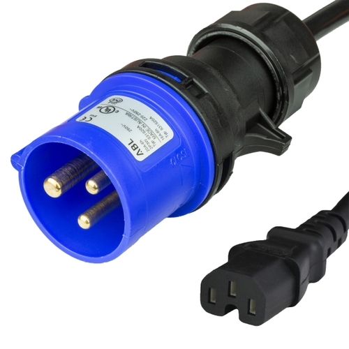 10FT (3m) IEC 60309 6H 2P+E Splashproof BLUE PLUG to IEC60320 C15 15A 250V BLACK