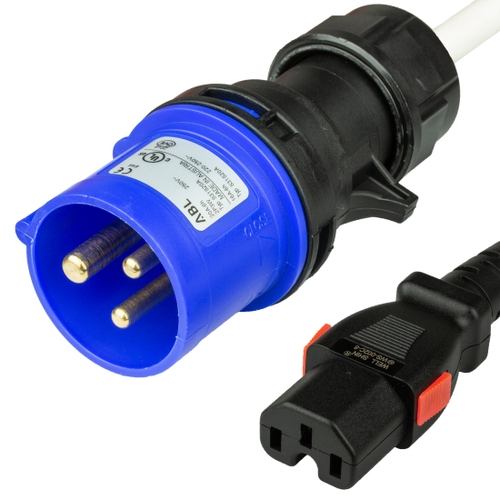 7FT (2.1m) IEC 60309 6H 2P+E BLUE Splashproof PLUG to C15 LOCKING 15A 250V WHITE cordage