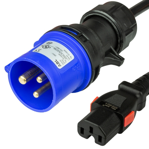 10FT (3m) IEC 60309 6H 2P+E Splashproof BLUE PLUG to C15 LOCKING 15A 250V BLACK
