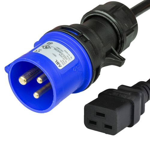 10FT IEC60309 6H 2P+E 20A BLUE PLUG to IEC60320 C19 20A 250V 12awg SJT BLACK Power Cord
