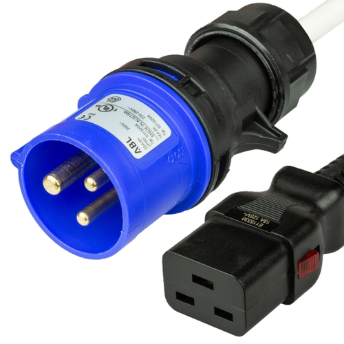 12FT IEC60309 6H 2P+E BLUE PLUG to IEC60320 C19 LOCKING 15A 250V 14awg SJT WHITE Power Cord