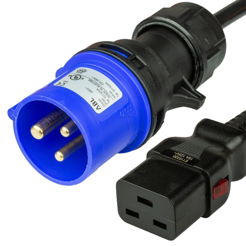 6FT IEC60309 6H 2P+E BLUE PLUG to IEC60320 C19 LOCKING 15A 250V 14awg SJT BLACK Power Cord