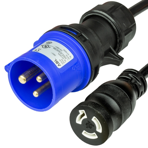 7FT IEC 60309 6H 2P+E Splashproof BLUE PLUG to NEMA L6-15R Twist-Lock (F) 15A 250V 14awg SJT BLACK