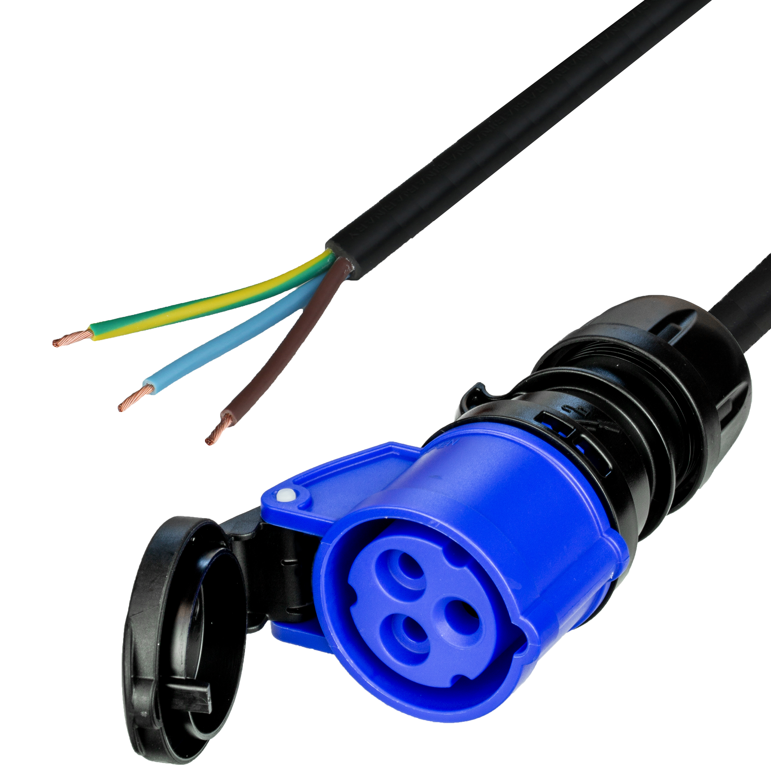 2m (6.6FT) IEC60309 6H 2P+E BLUE CONNECTOR (FEMALE) to OPEN 1.5mm2 LSZH BLACK Cordage