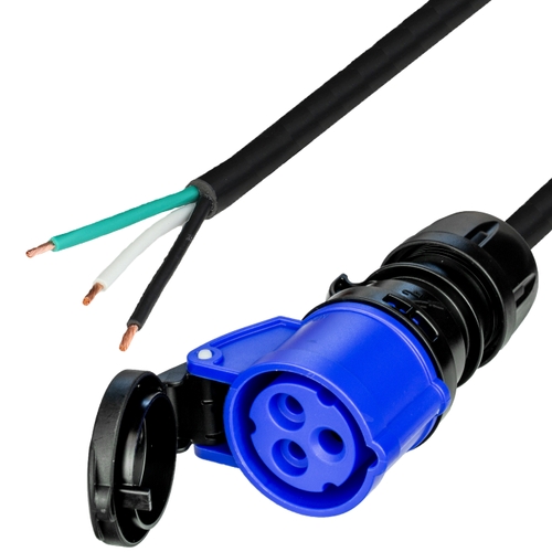 7FT (2.1m) OPEN (2 in ROJ + 0.25 in Strip) to IEC 60309 6H 2P+E BLUE CONNECTOR (F) 20A 250V UL CSA 12awg-3c (B/W/G) SJTOW 105c BLACK jacket Power Cord.
