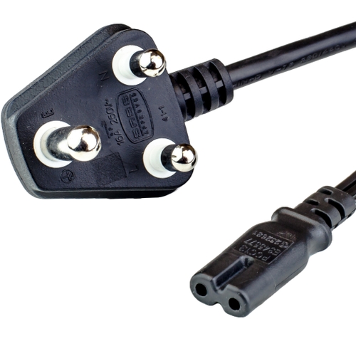 6FT INDIA 16A3 BS546 Down Angle Plug to IEC60320 C7 2.5A 250V H03VVH2-F3G0.75 Power Cord - BLACK