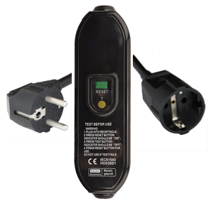 2.5m European Schuko CEE7/7 DOWN ANGLE Plug to In-Line RCD to Schuko CEE7/7 Connector 10A 250V 30mA Trip Level Power Cord - BLACK