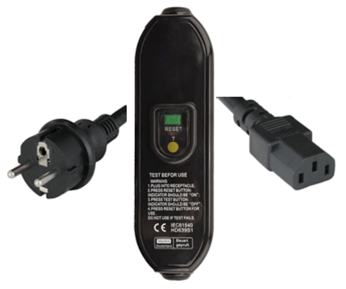 2.5m European Schuko CEE7/7 Plug to In-Line RCD to IEC60320 C13 10A 250V 10mA Trip Level Power Cord - BLACK