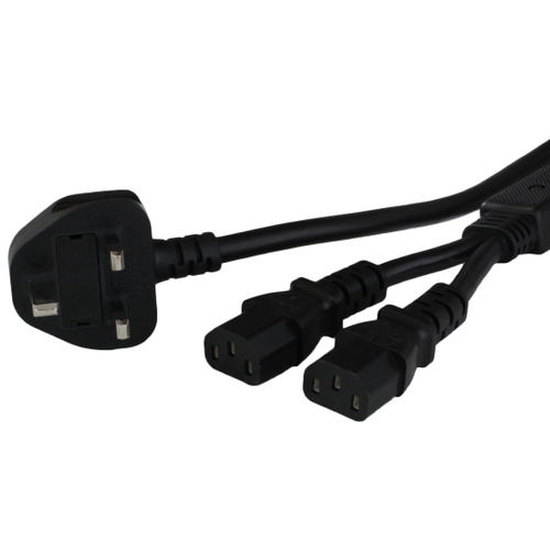 2m uk bs1363 down angle to 2x iec60320 c13 10a 250v h05vvf3g10 splitter power cord black Front.jpg