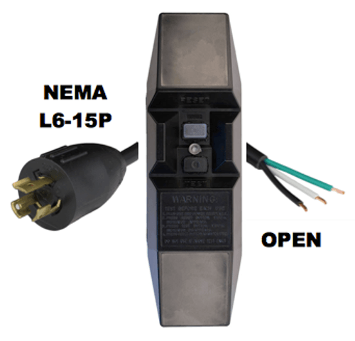 15FT NEMA L6-15P to Manual Reset In-Line GFCI to OPEN 15A 240V Power Cord - BLACK